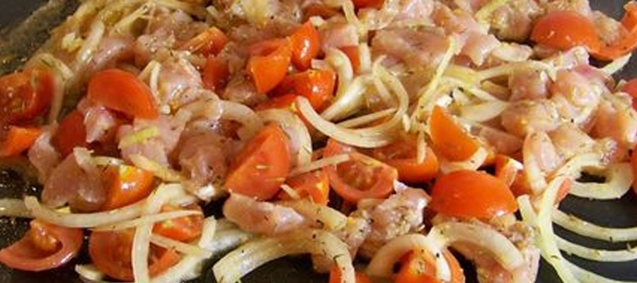 Slices of turkey with onions and tomatoes